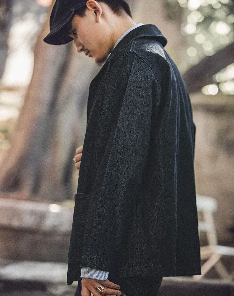 American Suit Washed Denim Hunting Lapel Men's Coat