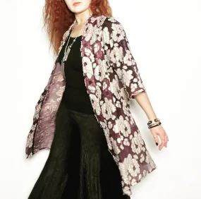 Audrey Swing Coat - Plum organza with gold floral motif