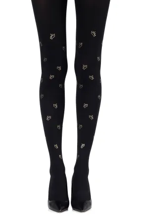 Beautiful Metallic Gold Crowns Print 120 Denier Opaque Black Tights