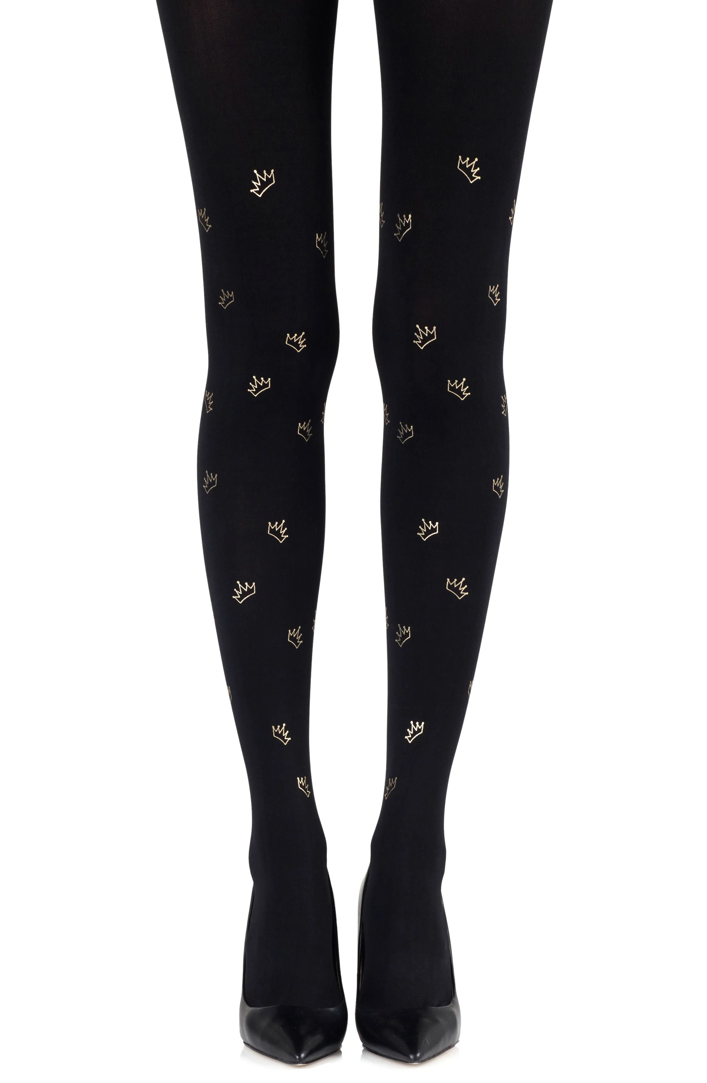 Beautiful Metallic Gold Crowns Print 120 Denier Opaque Black Tights