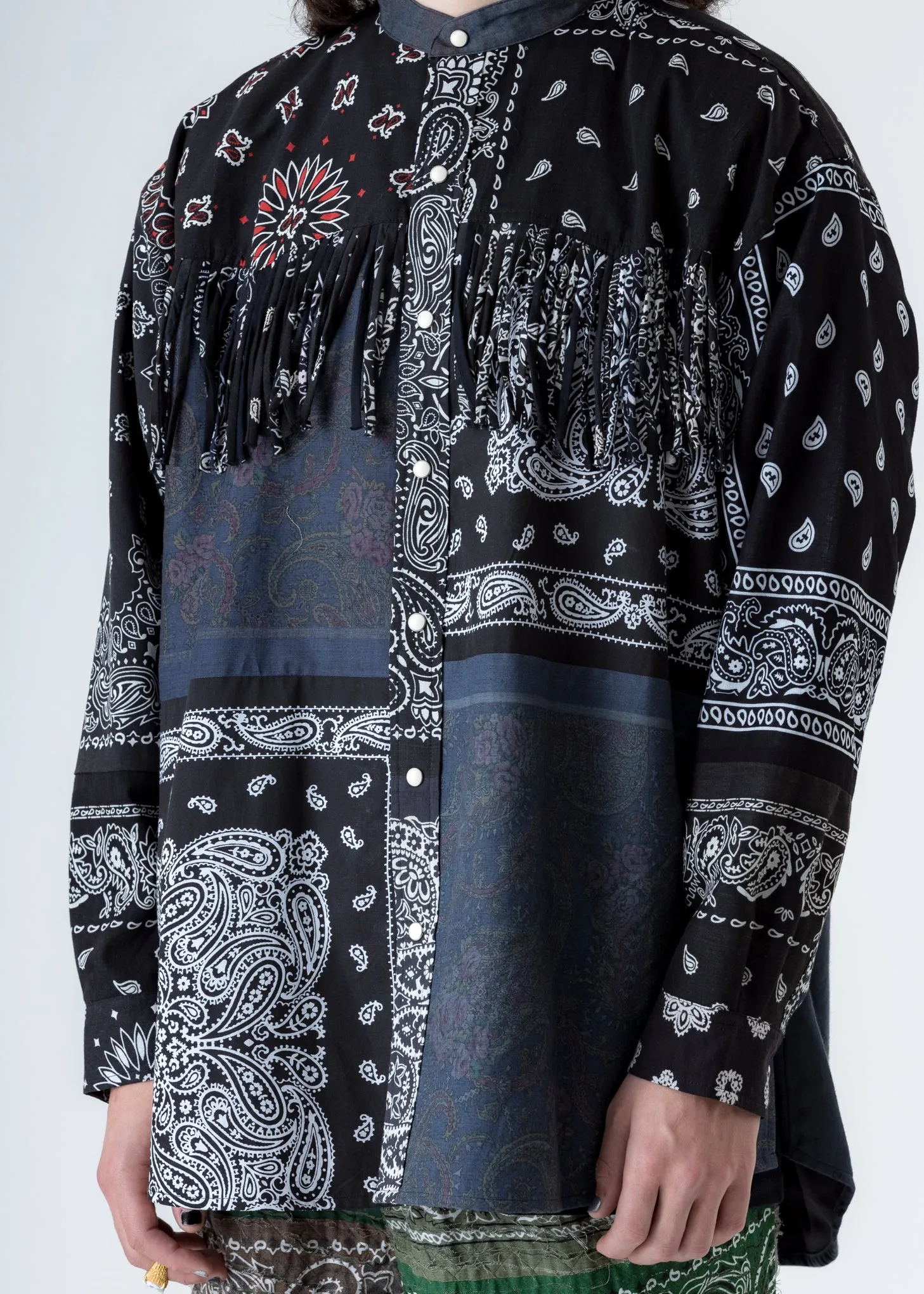 Black Bandana Patch Work Fringe Jacket