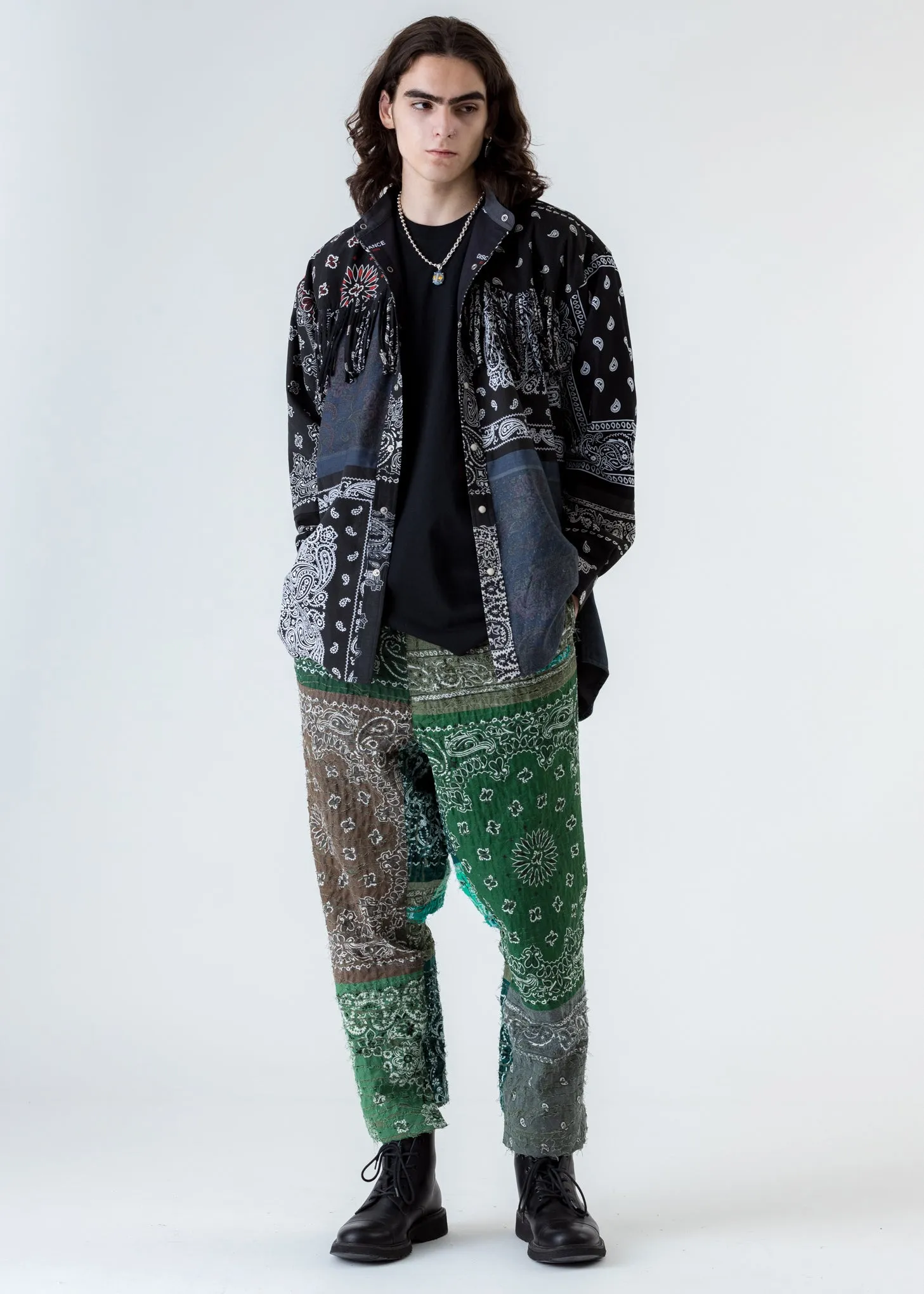 Black Bandana Patch Work Fringe Jacket