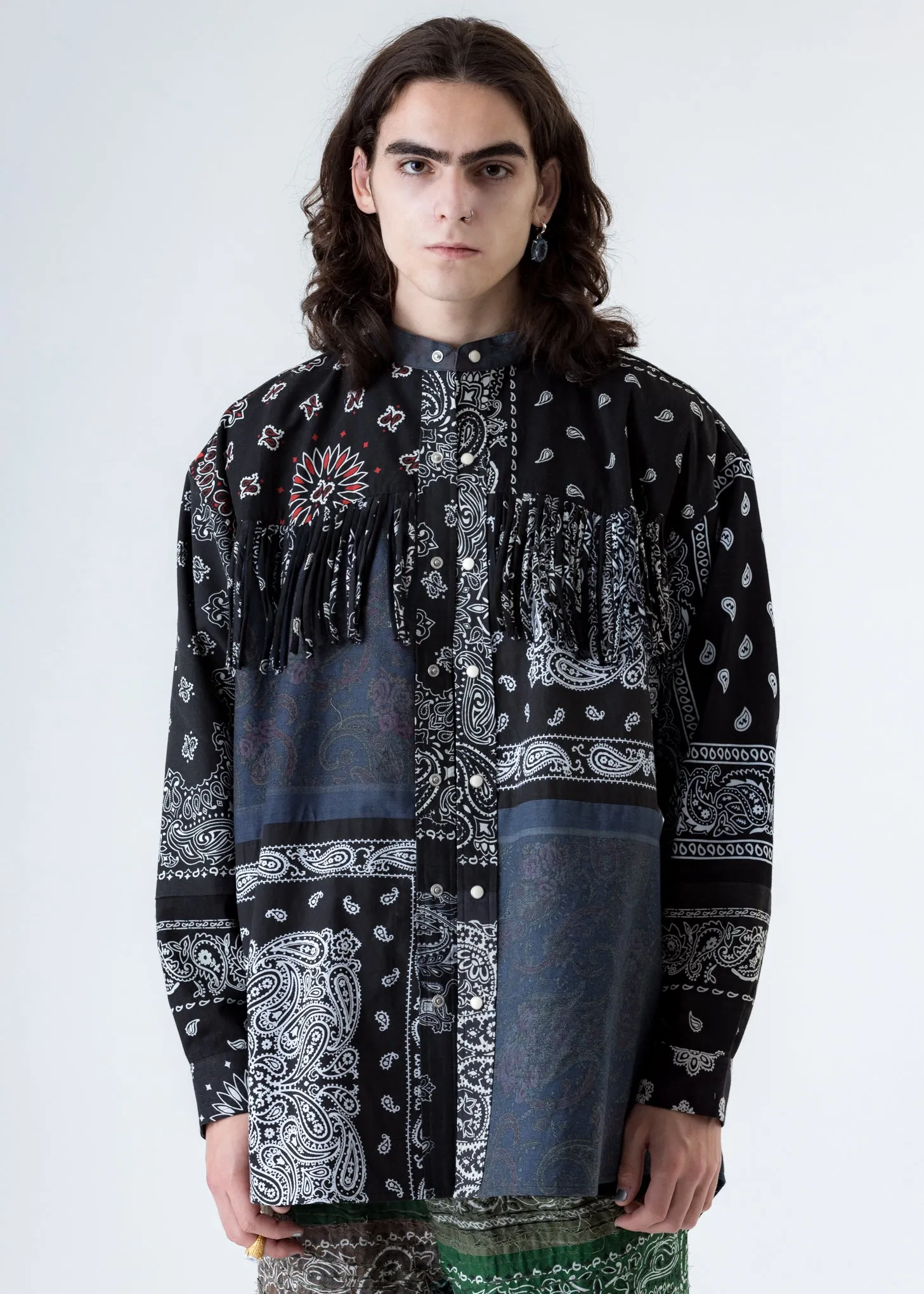 Black Bandana Patch Work Fringe Jacket