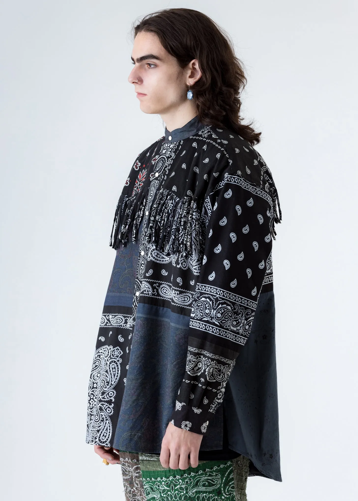 Black Bandana Patch Work Fringe Jacket