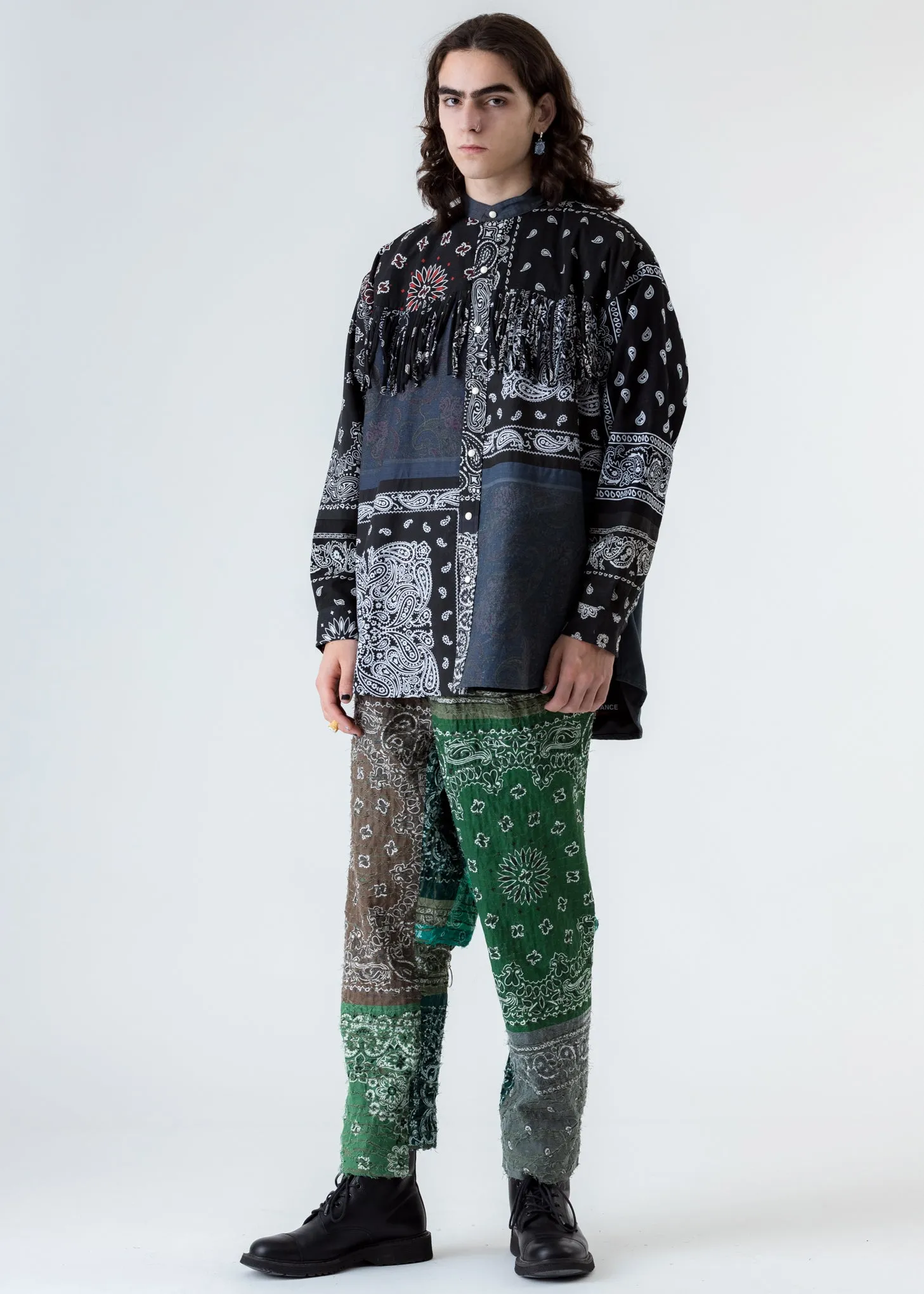 Black Bandana Patch Work Fringe Jacket