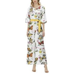 Butterfly Print Dolman Sleeve Belted Wide Leg Jumpsuit
