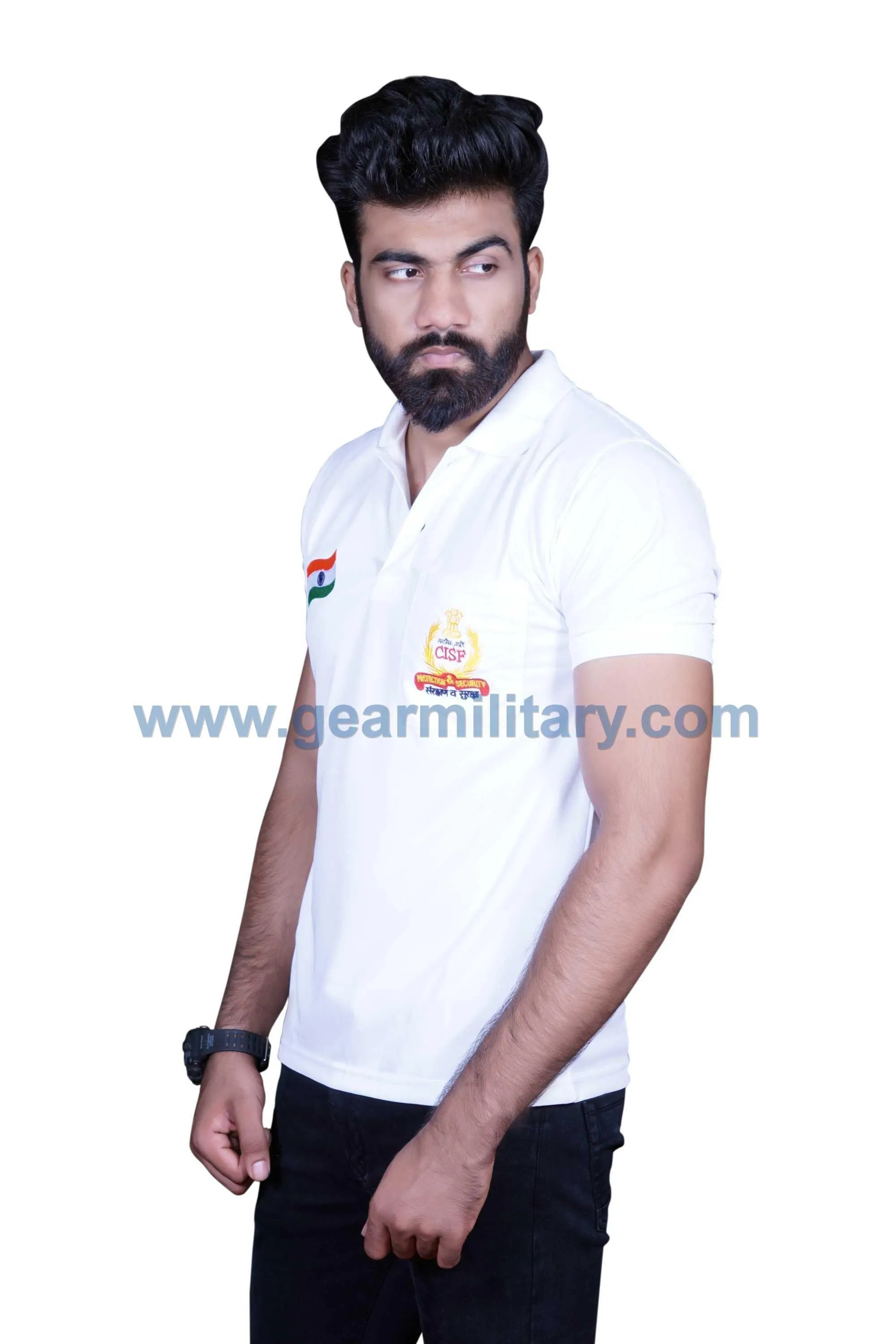CISF and Flag Embroidered White Collar T Shirt