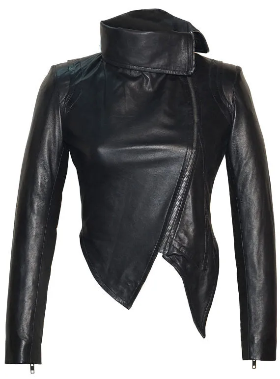 Designer Hand Made Women Leather Asymmetrical Soft Leather Jacket with High Neck Collars