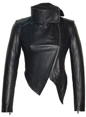 Designer Hand Made Women Leather Asymmetrical Soft Leather Jacket with High Neck Collars