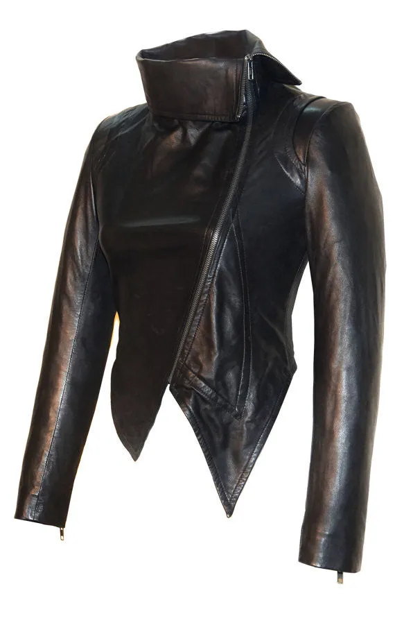 Designer Hand Made Women Leather Asymmetrical Soft Leather Jacket with High Neck Collars