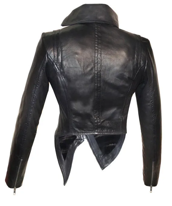 Designer Hand Made Women Leather Asymmetrical Soft Leather Jacket with High Neck Collars