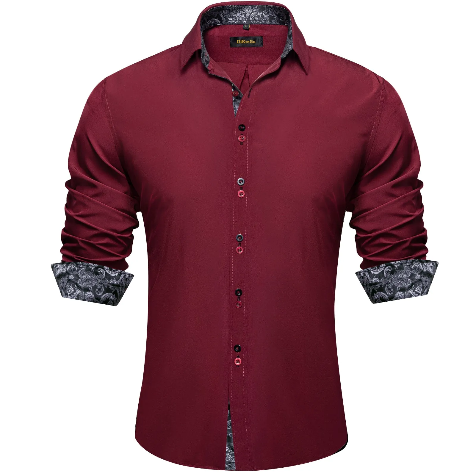 DiBanGu Dress Shirt Red Wine Solid Long Sleeve Splicing Casual Mens Silk Shirt