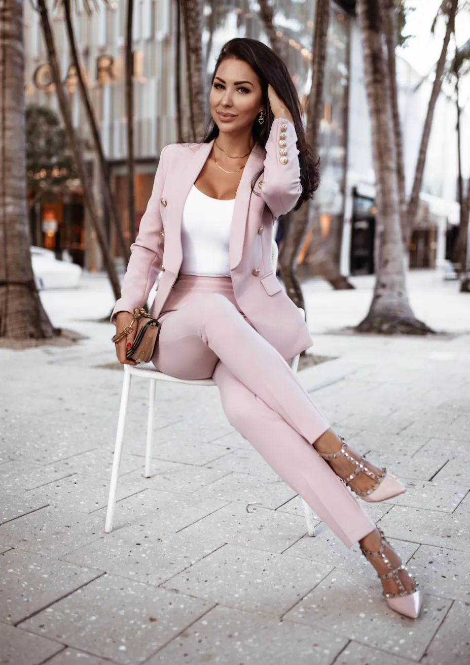 Double Breasted Blazer & Pants Suit Set - Pink