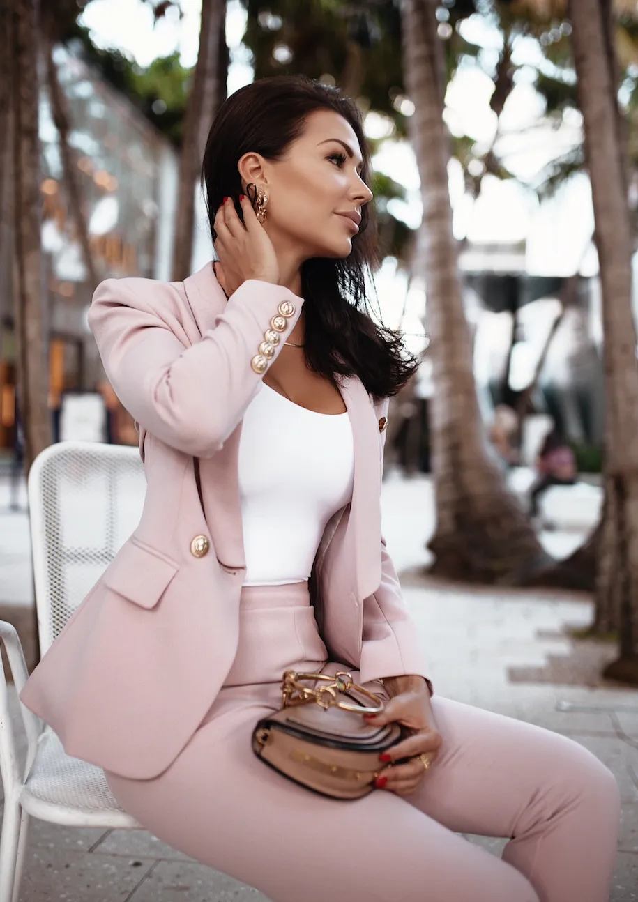 Double Breasted Blazer & Pants Suit Set - Pink
