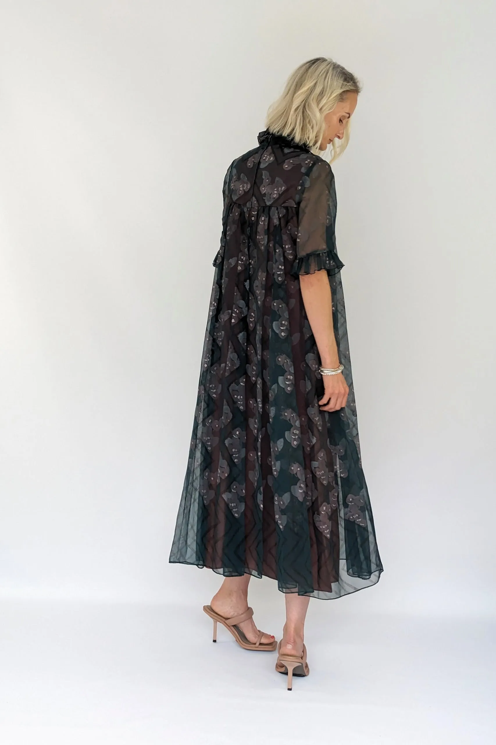Early 1970s Jean Varon Vintage High Neck Prairie Smock Dress