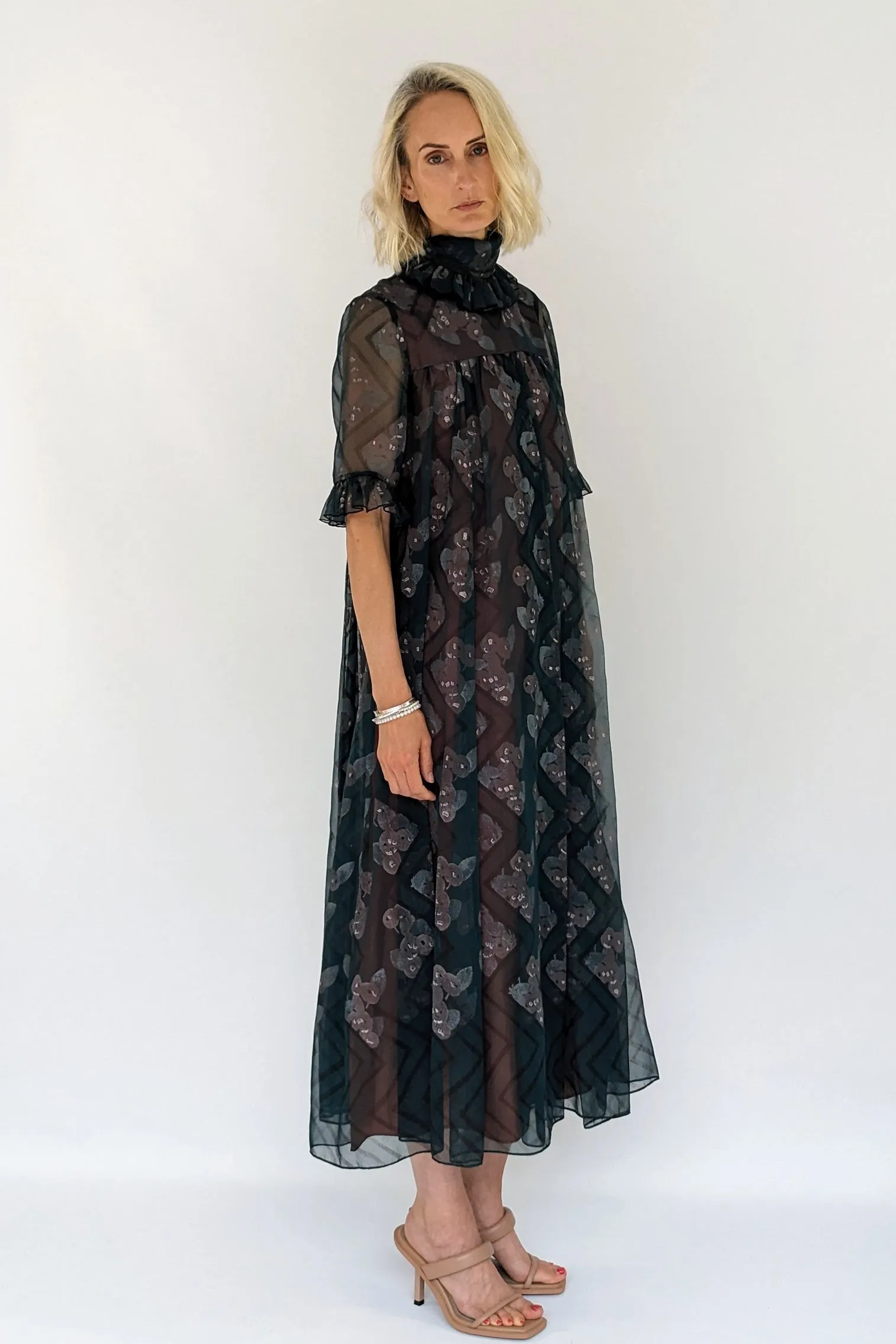 Early 1970s Jean Varon Vintage High Neck Prairie Smock Dress