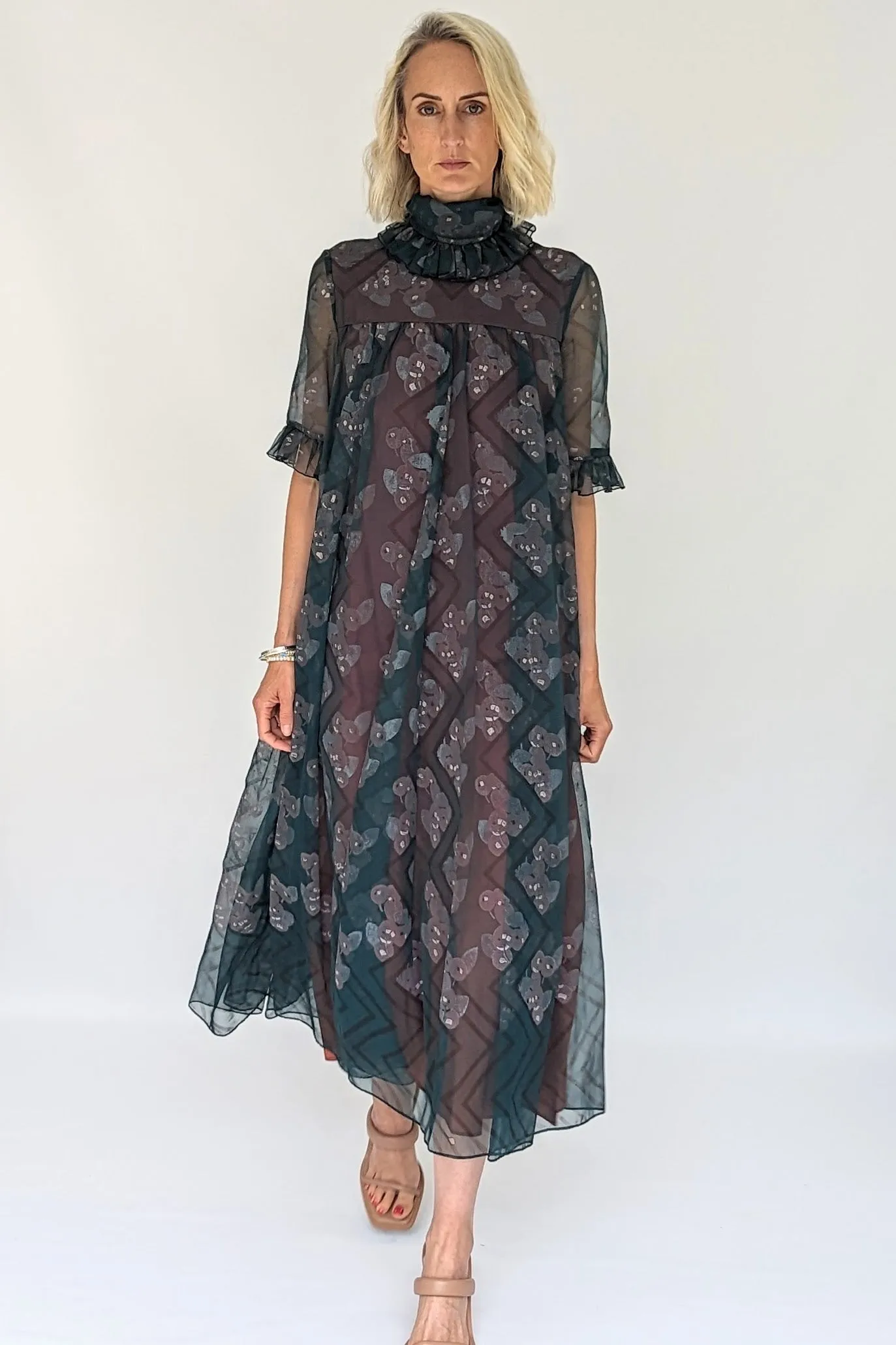 Early 1970s Jean Varon Vintage High Neck Prairie Smock Dress