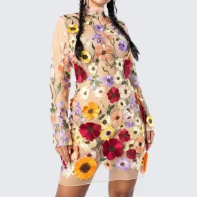 Floral Embroidery Backless Long Sleeve Mini Dress