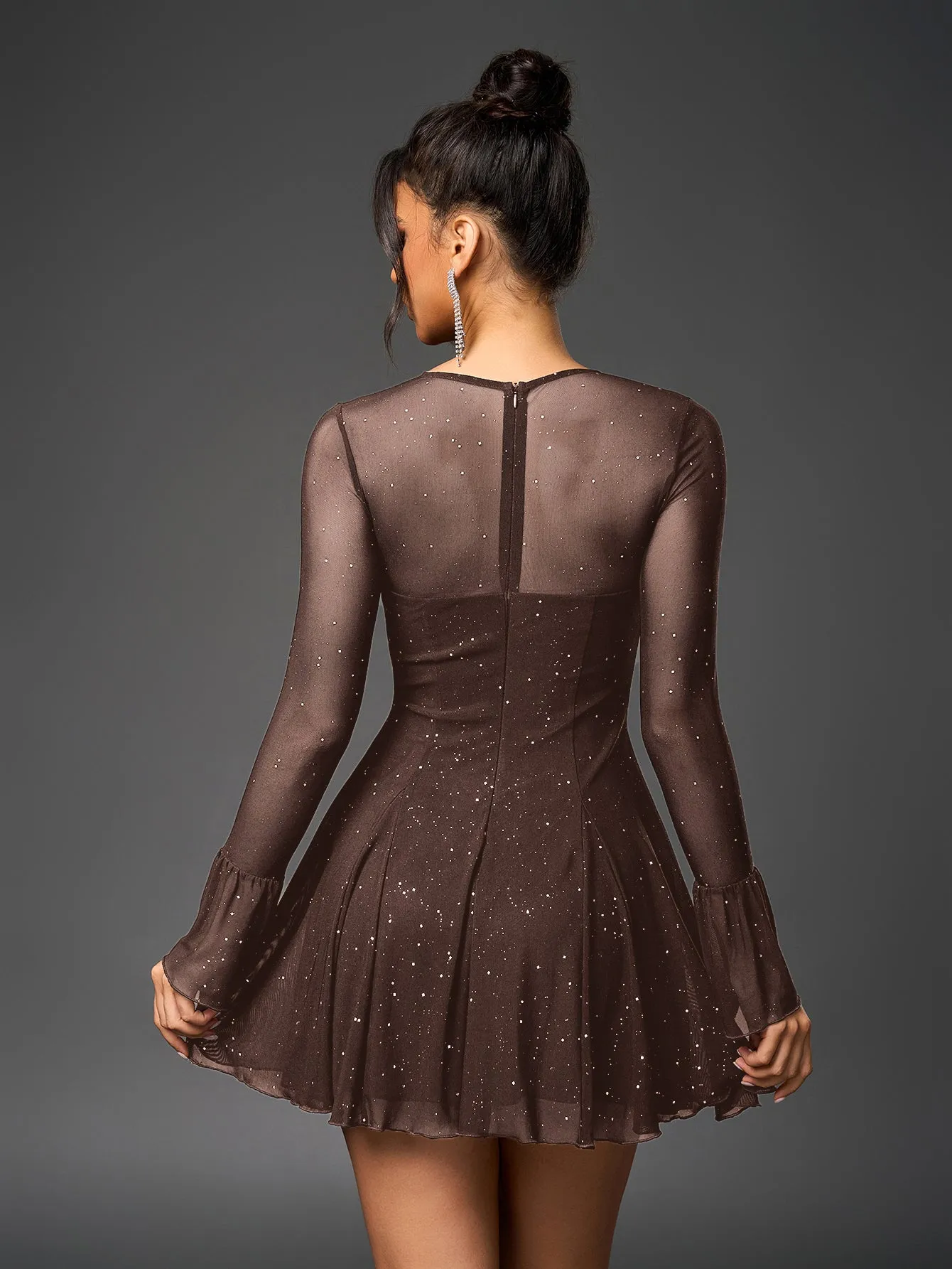 Flounce Sleeve Tie Front Glitter Mesh Flared Dress