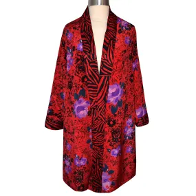 French Silk Print Kimono Jacket with Contrast Neckband