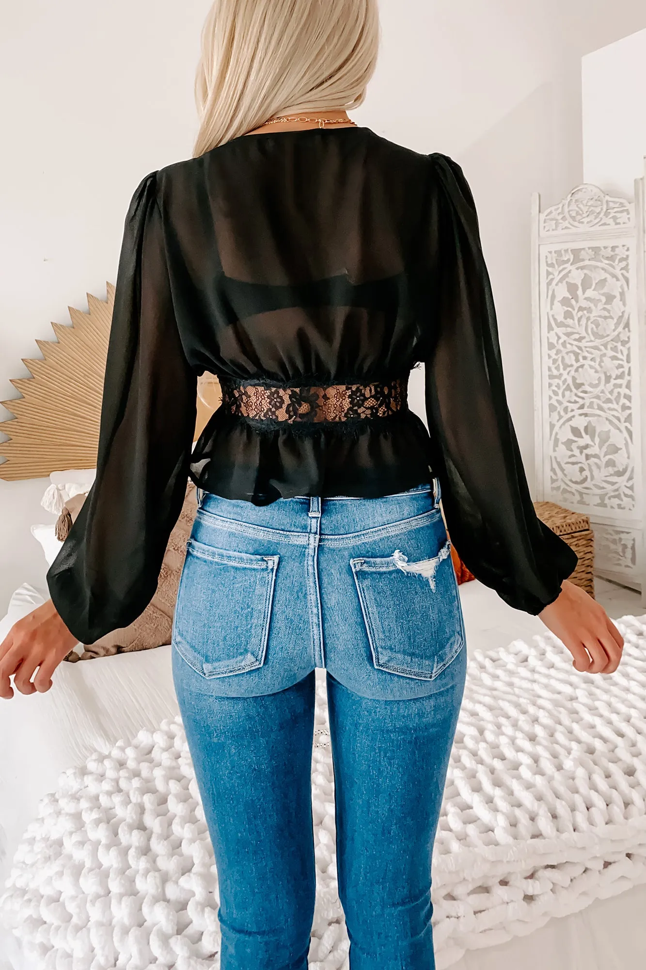 Fully In Charge Sheer Tie-Front Lace-Trimmed Top (Black)