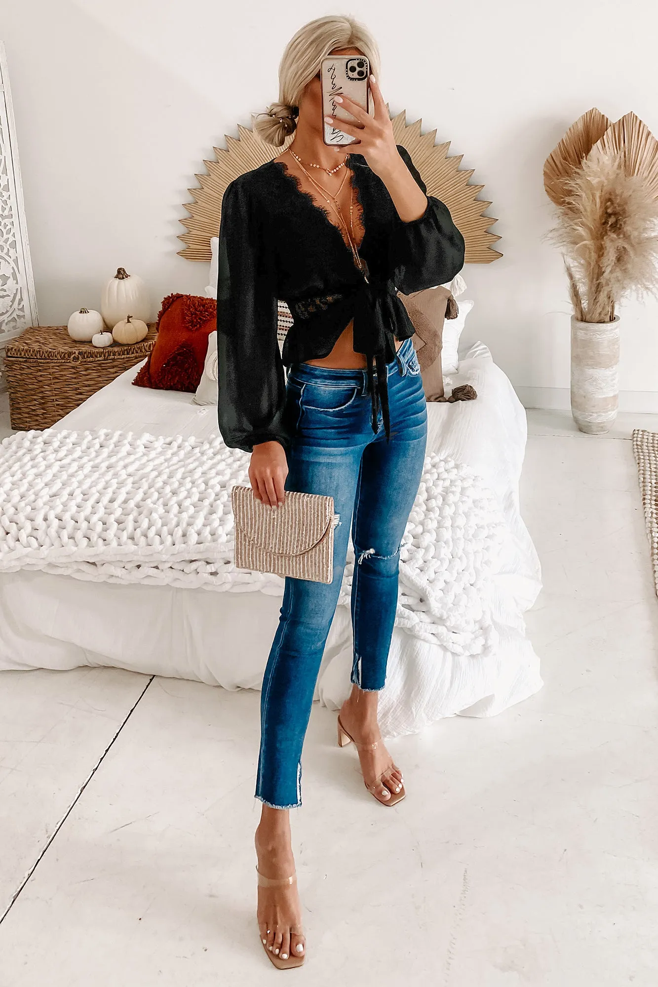 Fully In Charge Sheer Tie-Front Lace-Trimmed Top (Black)