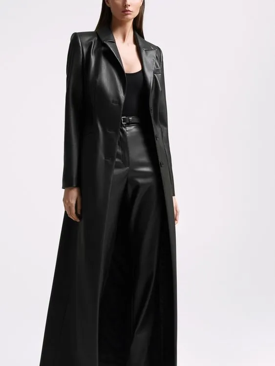 Furro Black Leather Long Trench Coat Women Outfit