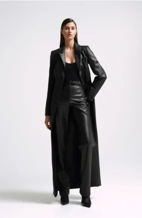 Furro Black Leather Long Trench Coat Women Outfit