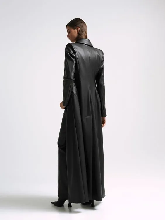 Furro Black Leather Long Trench Coat Women Outfit
