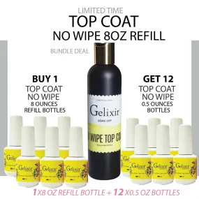 GELIXIR No Wipe Gel Top Coat Refill 8oz & 12 bottles 0.5oz