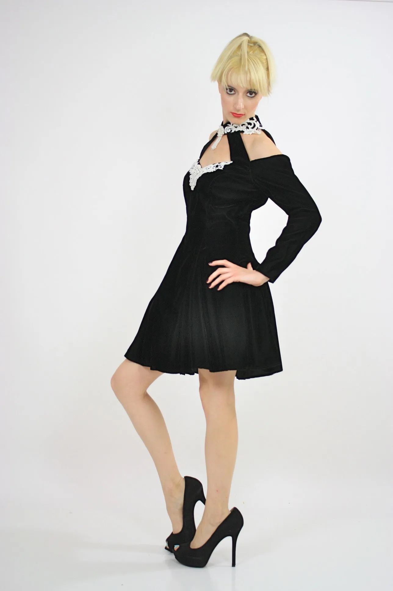 Genuine vintage 80s 1980s beaded velvet cut out party mini dress