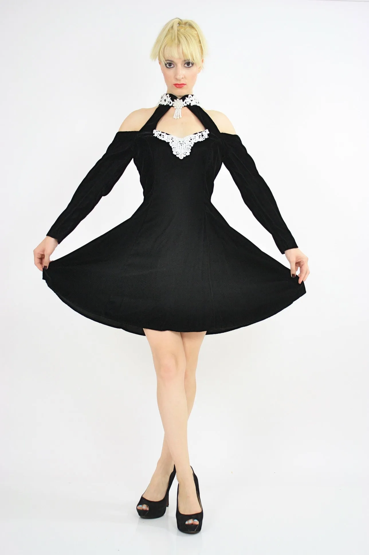 Genuine vintage 80s 1980s beaded velvet cut out party mini dress