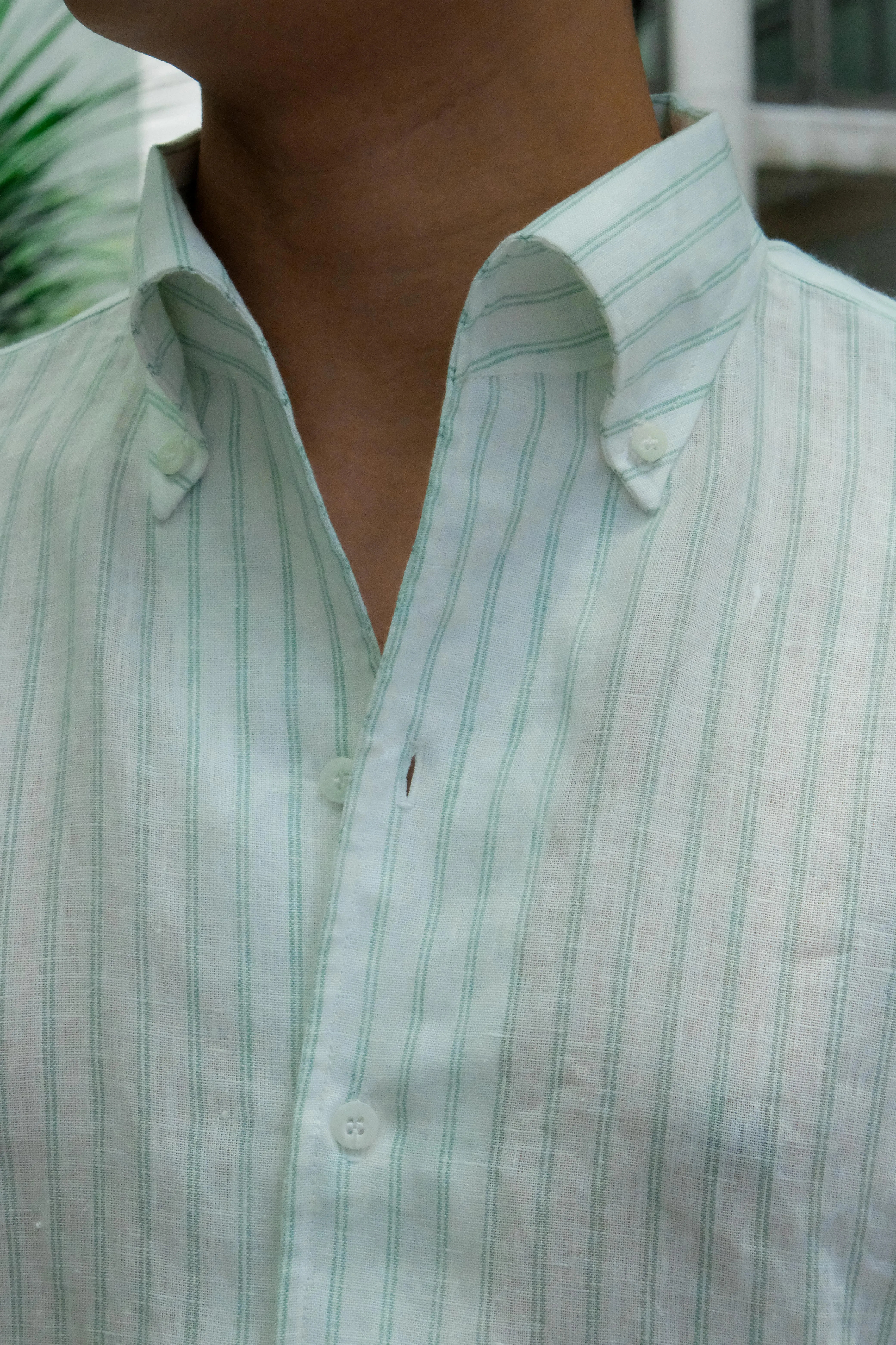Green Stripes Linen One Piece Collar Men Shirt