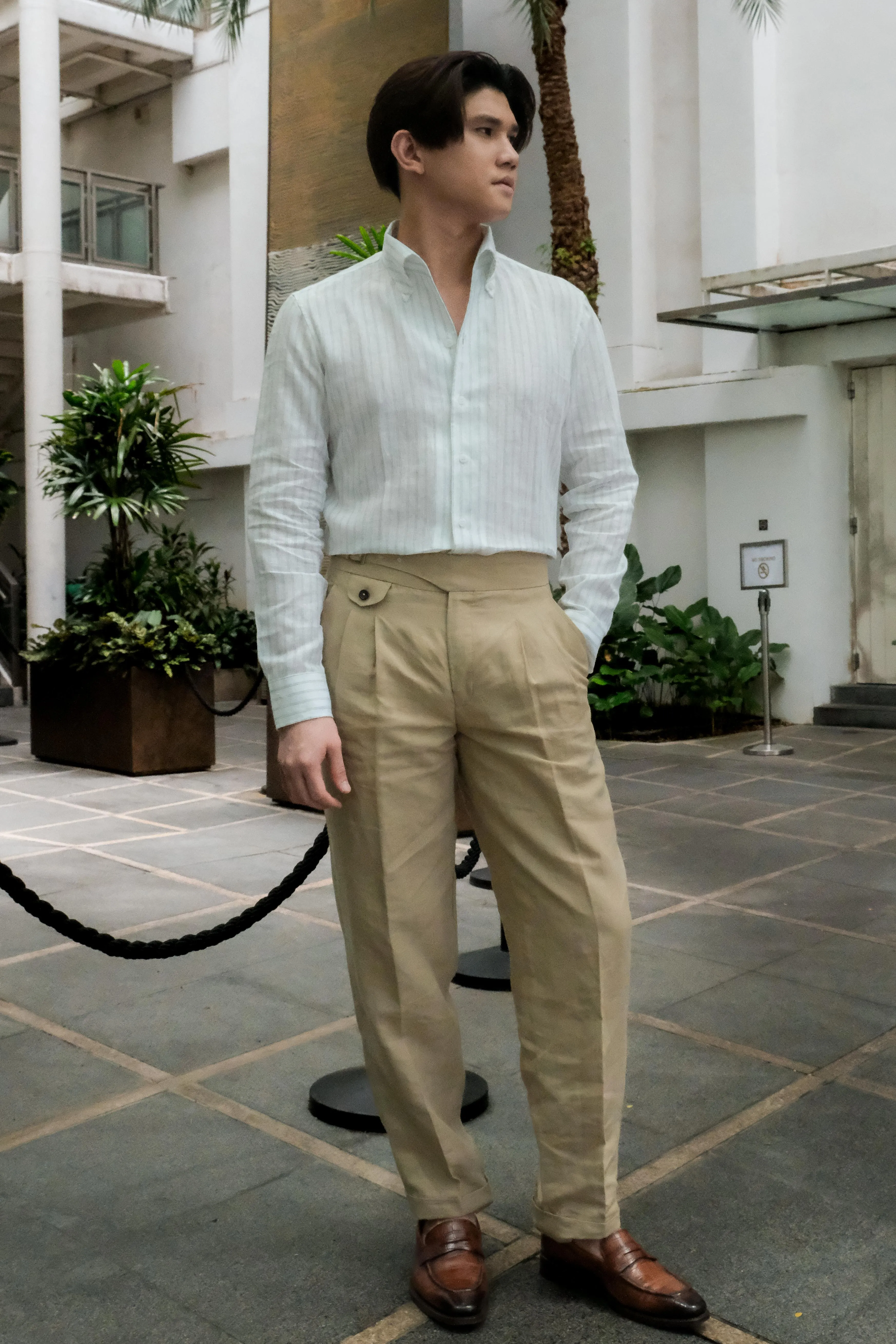 Green Stripes Linen One Piece Collar Men Shirt