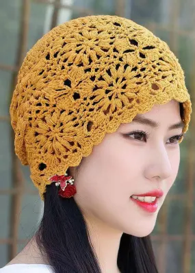 Handmade Yellow Crochet Flower Spring And Autumn Hollowed Out Knitted Hat