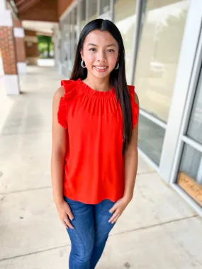 Have It All Tomato Red Sleeveless Top with Ruffle Trim