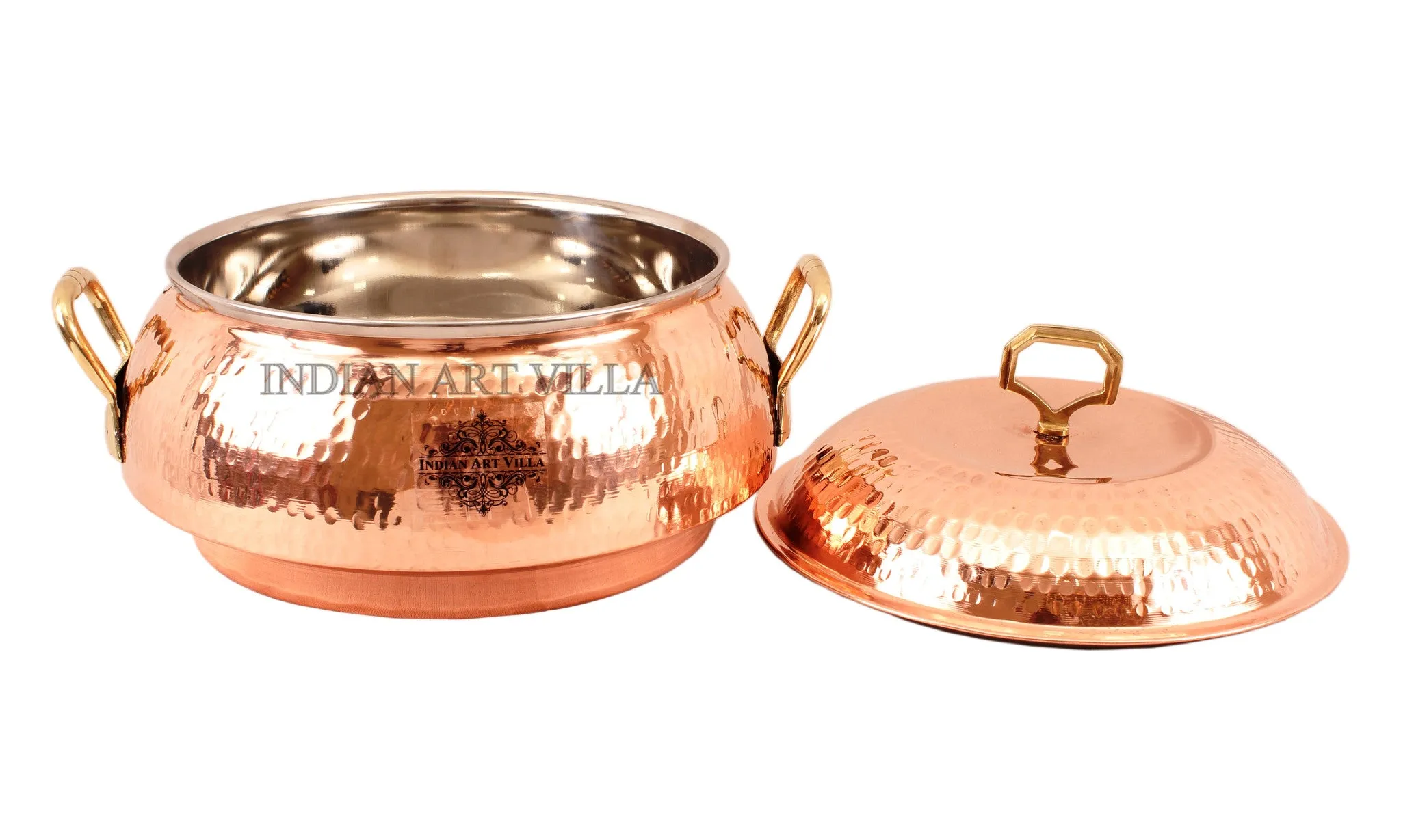 IndianArtVilla Pure Steel Copper Hammered Design Big Casserole with Lid 2300 ML