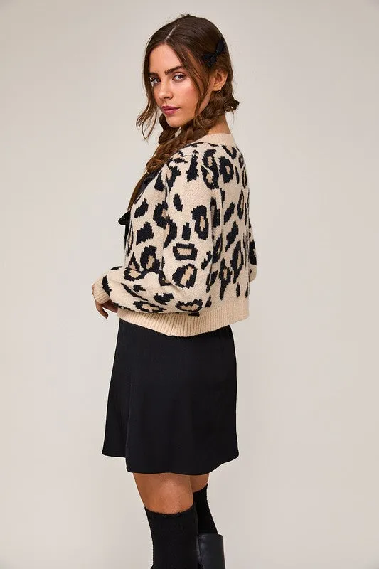 Leopard Bow Tie Front Cardigan