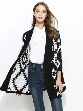 Medium length diamond jacquard cardigan sweater coat