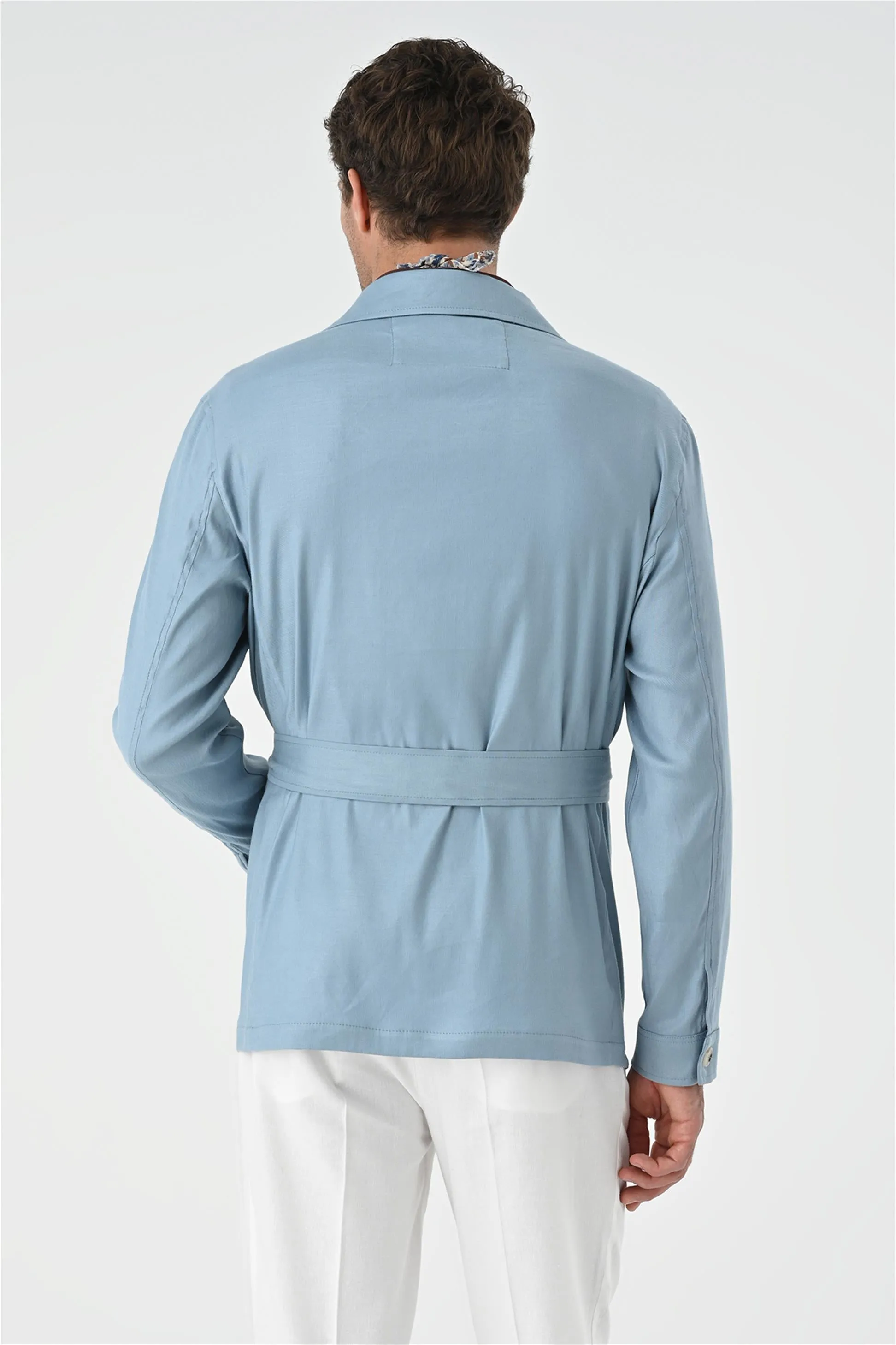 Men's Blue Waist Belted  Seasonal Linen Coat - Wessi