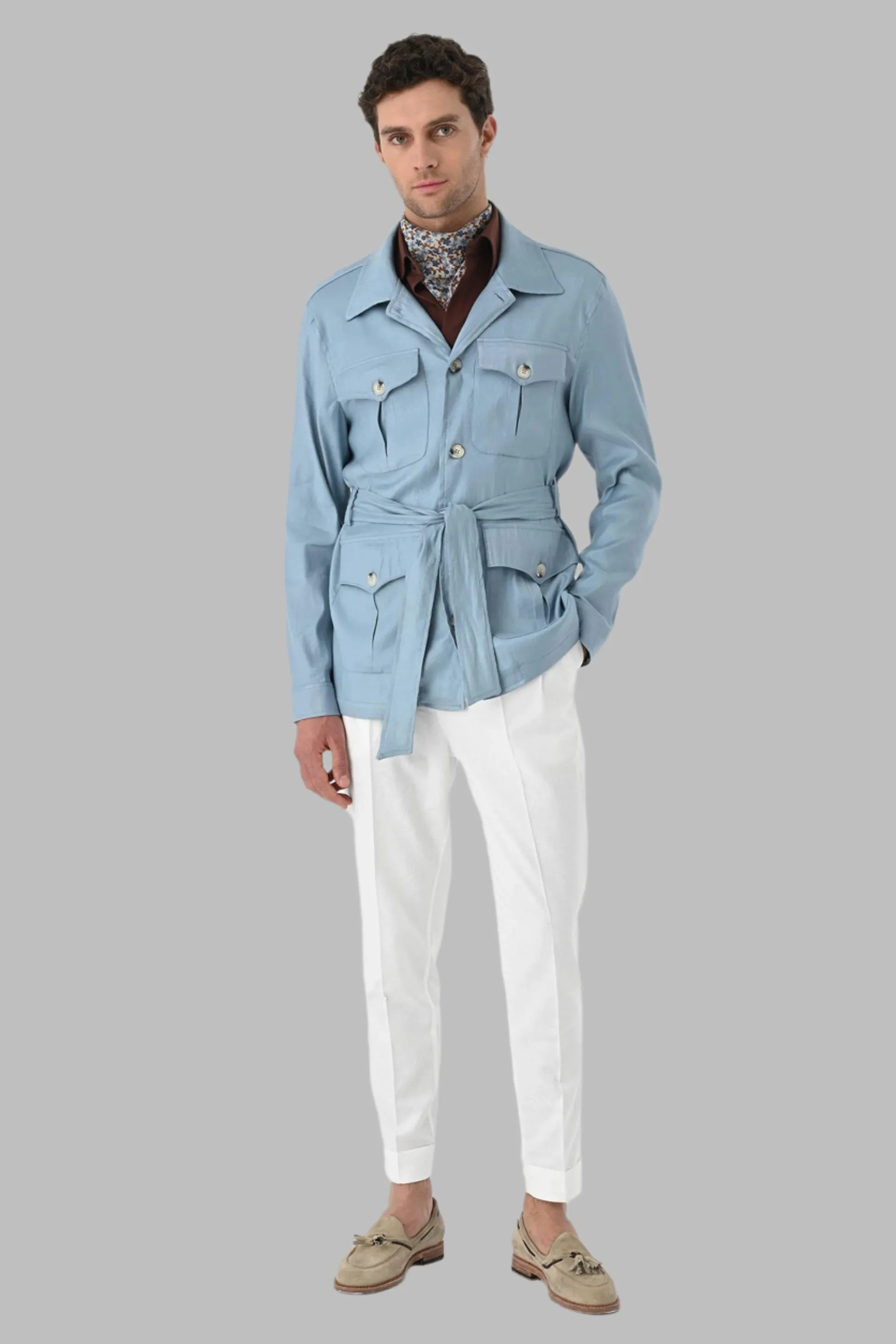 Men's Blue Waist Belted  Seasonal Linen Coat - Wessi