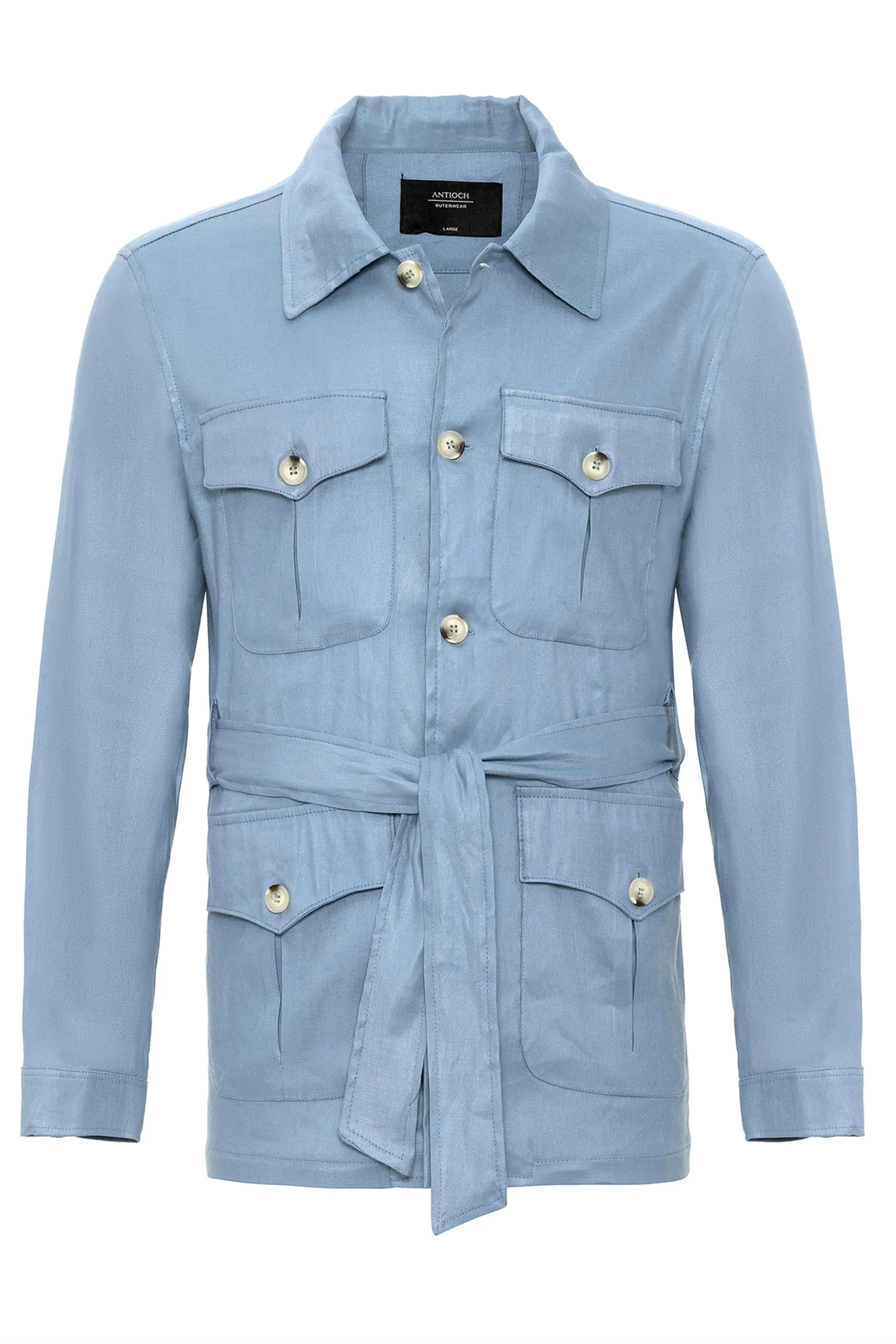 Men's Blue Waist Belted  Seasonal Linen Coat - Wessi