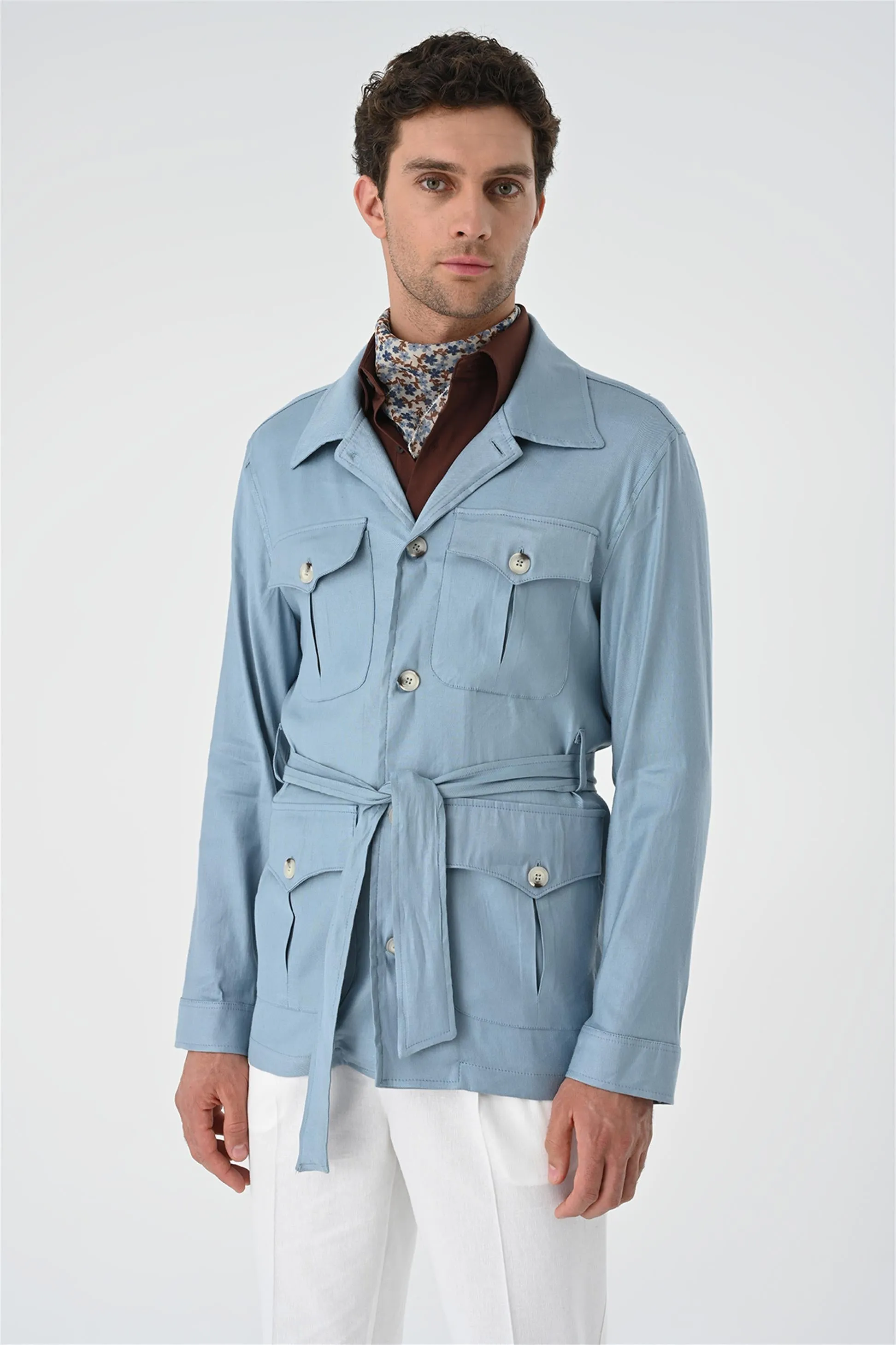 Men's Blue Waist Belted  Seasonal Linen Coat - Wessi