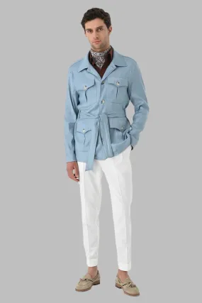 Men's Blue Waist Belted  Seasonal Linen Coat - Wessi