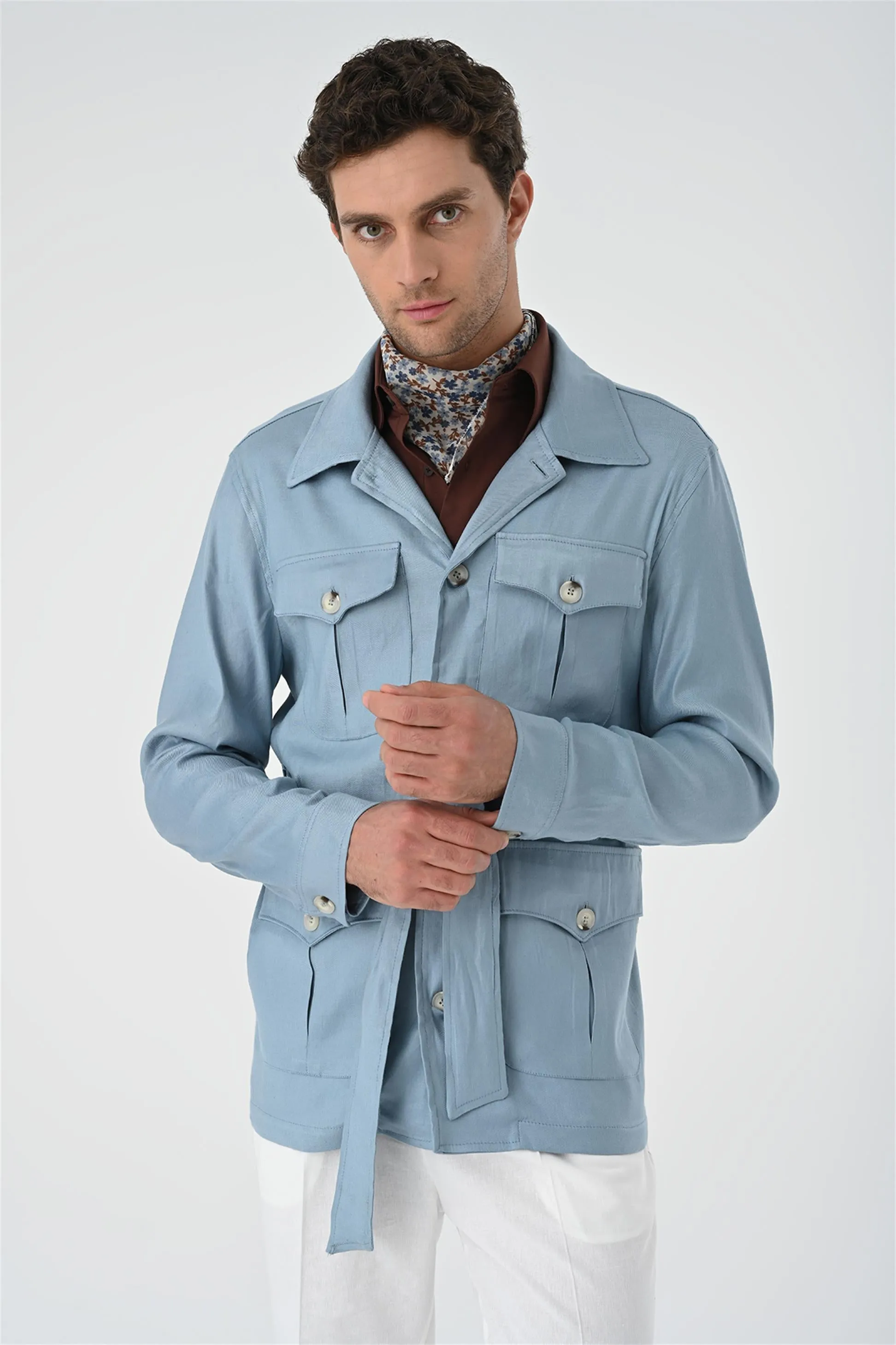 Men's Blue Waist Belted  Seasonal Linen Coat - Wessi