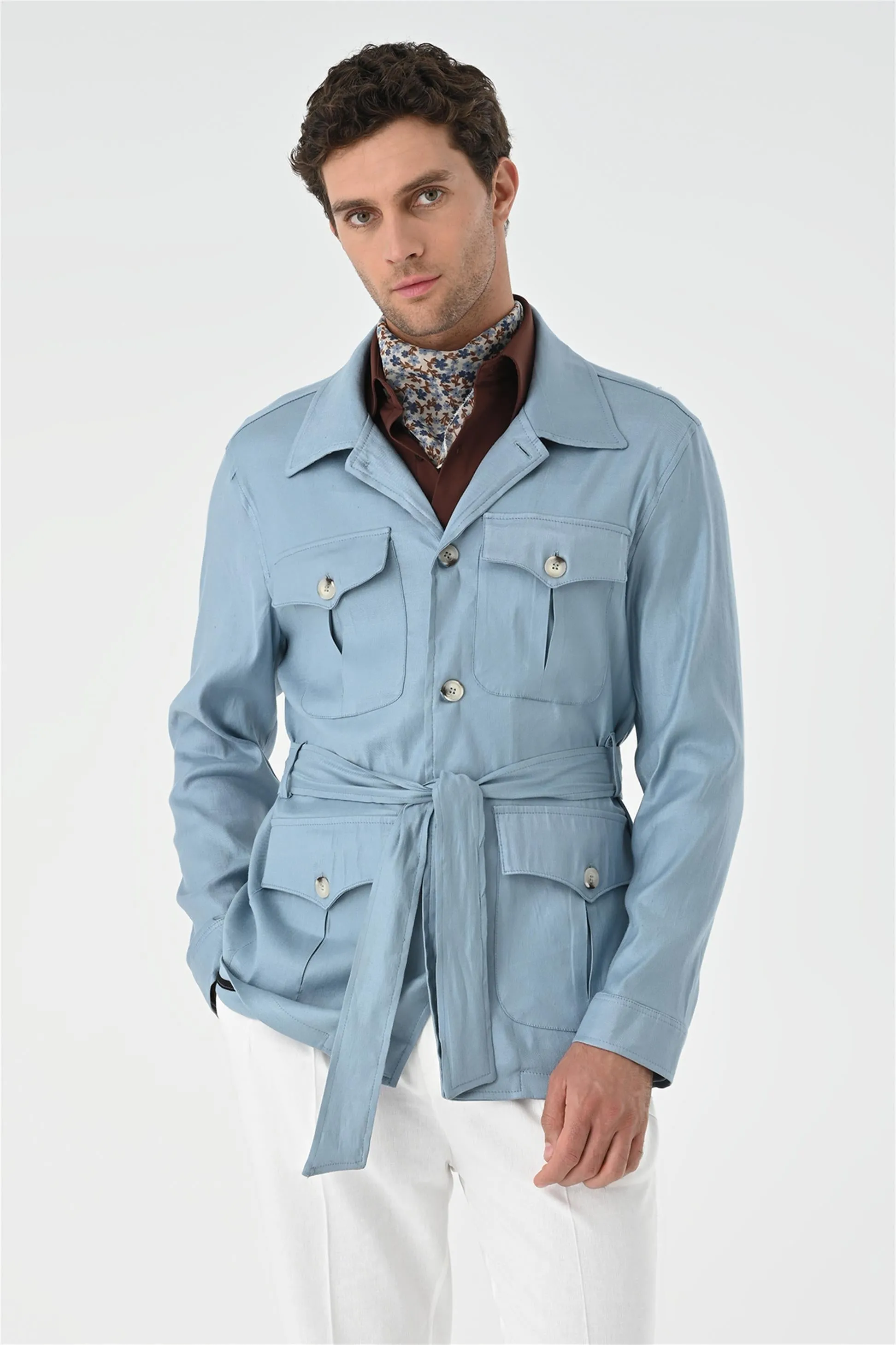 Men's Blue Waist Belted  Seasonal Linen Coat - Wessi