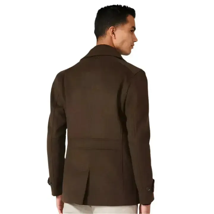 Men's Brown Fleece Peacoat - Warm & Stylish Winter Coat