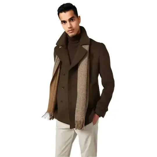 Men's Brown Fleece Peacoat - Warm & Stylish Winter Coat