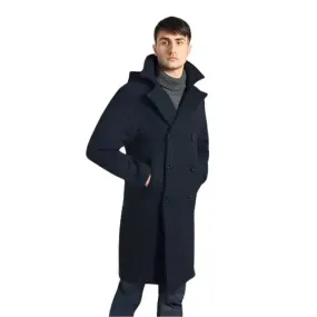Men's Dark Blue Fleece Long Peacoat - Warm & Stylish Winter Coat