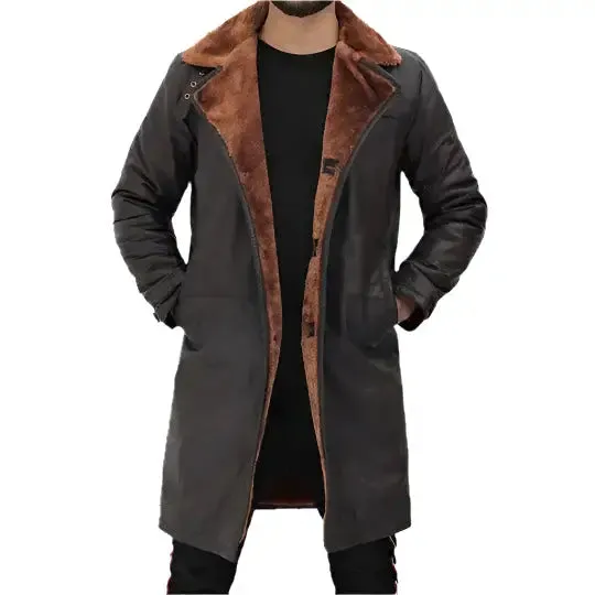Men's Dark Brown Shearling Leather Trench Coat